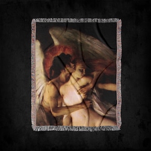 Young Woman And Death Woven Throw Blanket: Spiritual Death Tapestry, Religious Christian Decor, Angel of Death Fine Art
