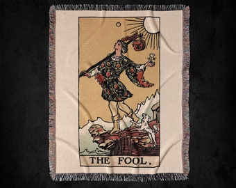 The Fool Rider-Waite Tarot Deck Woven Throw Blanket: Vintage Gothic Tarot Card Tapestry Art And Decor, Witchy Woven Blanket