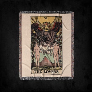 Coperta da lancio tessuta del mazzo dei tarocchi The Lovers VI Rider-Waite: arazzo gotico con carte dei tarocchi, arte e arredamento, coperta tessuta romantica, regali per lei