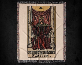 Justice XI Rider-Waite Tarot Deck Woven Throw Blanket: Gothic Lady Justice Tarot Card Tapestry Art And Decor, Monarch Woven Blanket