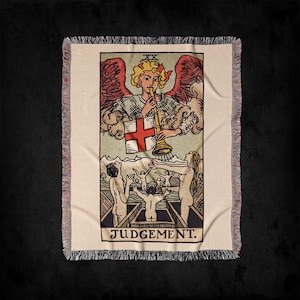 Coperta da tiro in tessuto con mazzo di tarocchi Judgment XX Rider-Waite: Arte e arredamento di arazzi di carte dei tarocchi gotici vintage, coperta tessuta da strega