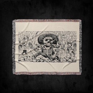 Manta tejida La Calavera Oaxaqueña: Tapiz de artesanía y decoración de esqueletos mexicanos del Día de los Muertos, Cinco de Mayo