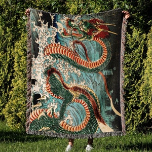 Janpanese Floral Dragon Print Blanket