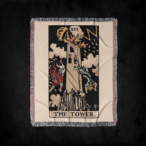 Coperta da tiro in tessuto con mazzo di tarocchi The Tower XVI Rider-Waite: arazzo gotico vintage con carte dei tarocchi e decorazioni, coperta in tessuto da strega