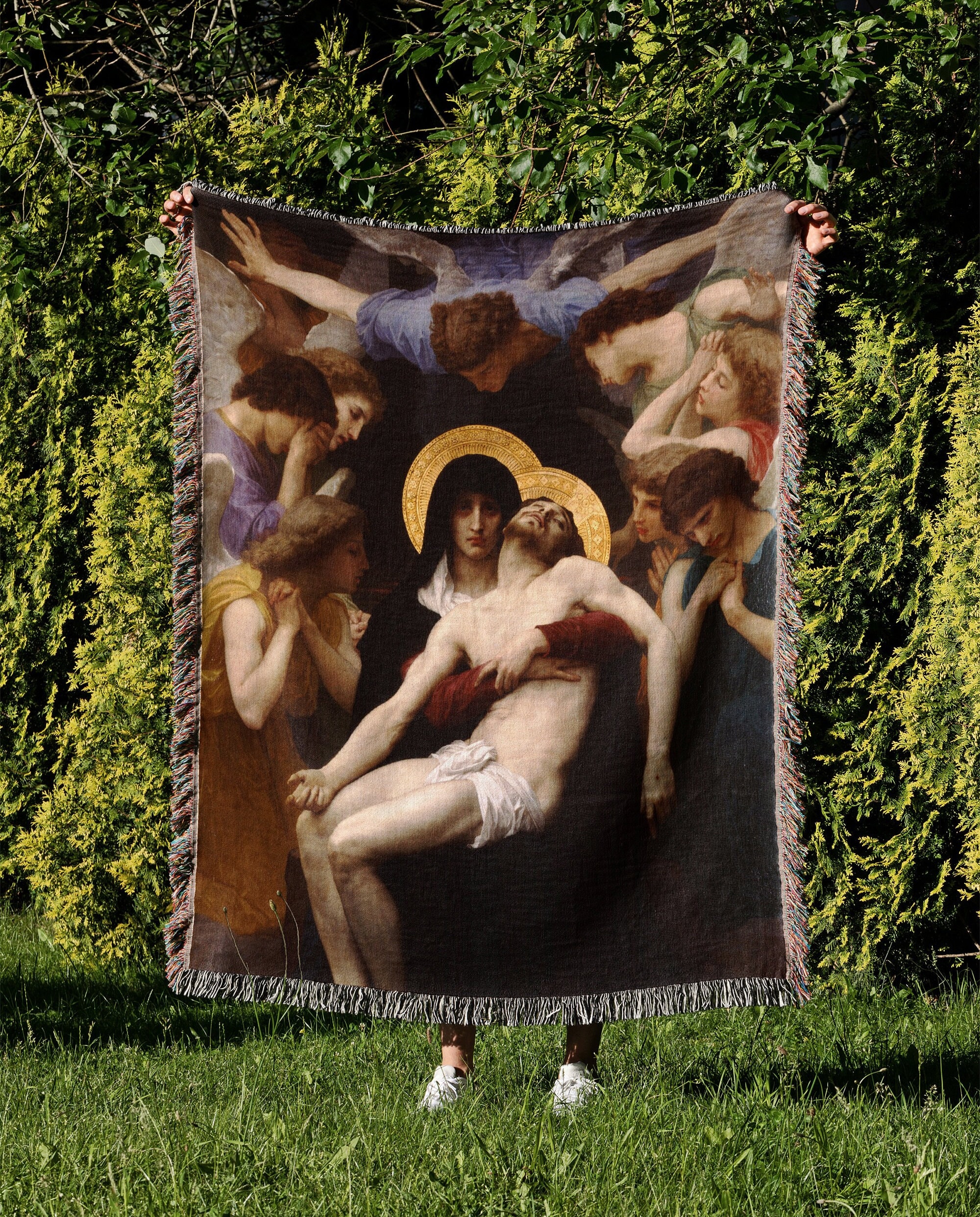 The Pieta Woven Throw Blanket: Vintage Antique Catholic Mother Mary and Sacred Heart Jesus Spiritual Art Gift Tapestry for Christmas