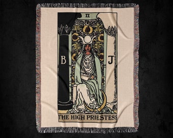 The High Priestess II Rider-Waite Tarot Deck Woven Throw Blanket: Vintage Gothic Tarot Card Tapestry Art And Decor, Witchy Woven Blanket