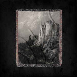 Gustave Dore King Arthur&#39;s Camelot Woven Throw Blanket: Medieval Fine Art Knight Tapestry, Arthurian Legend, Castles and Kings