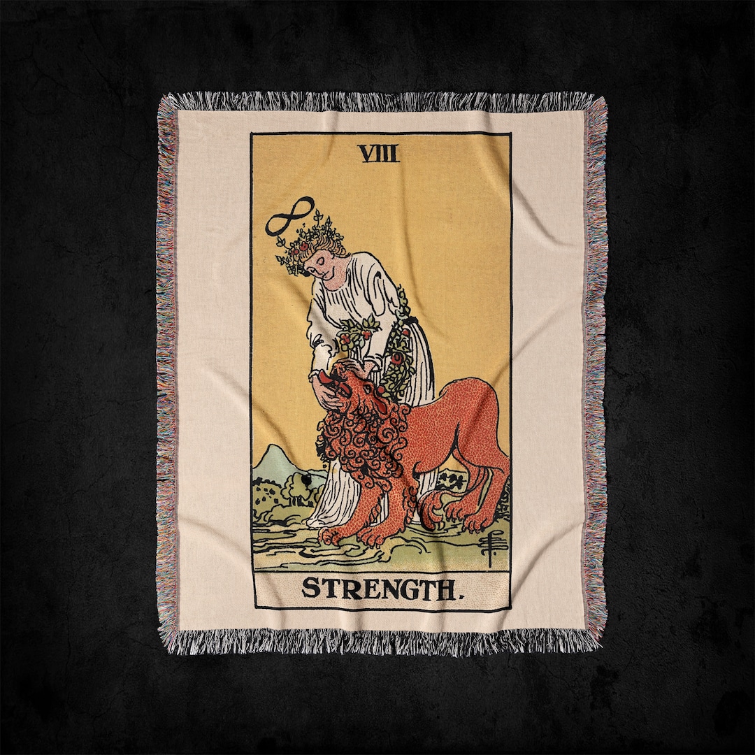 strength-viii-rider-waite-tarot-deck-woven-throw-blanket-vintage