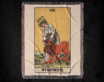 Strength VIII Rider-Waite Tarot Deck Woven Throw Blanket: Vintage Gothic Tarot Card Tapestry Art And Decor, Witchy Woven Blanket