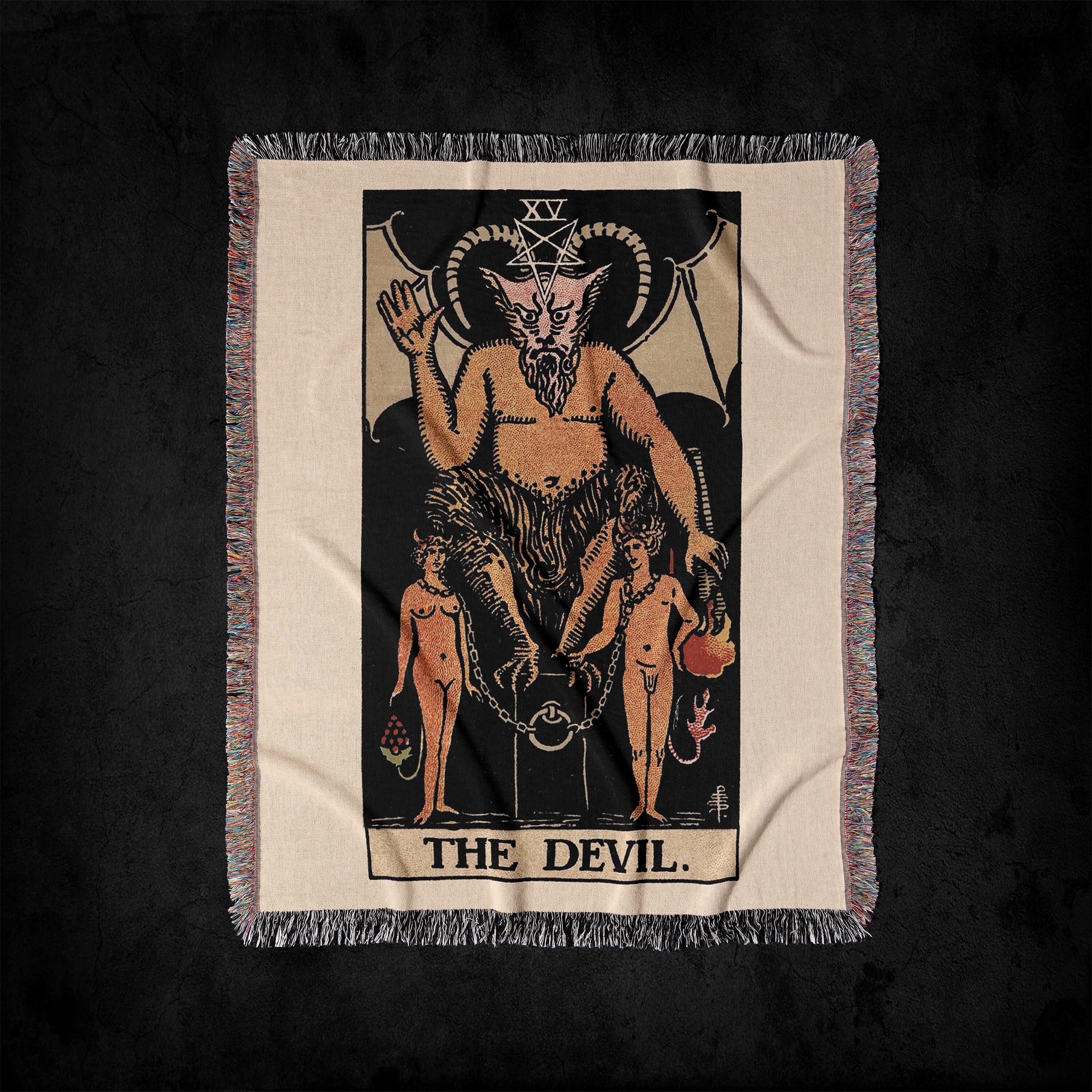 The Devil XV Rider-Waite Tarot Deck Woven Throw Blanket: Gothic Satan Tarot Card Tapestry Art And Pentagram Decor, Witchy Woven Blanket