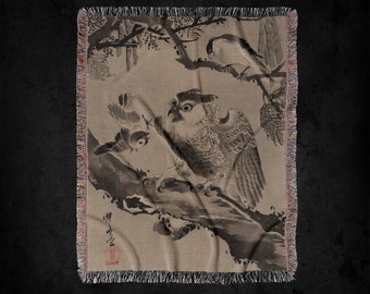 Owl Mocked By Small Birds Woven Throw Blanket: Kawanabe Kyosai Japanese Owl Print Tapestry Art