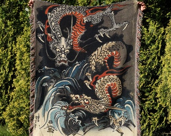 Twin Kuniyoshi Japanese Dragons Woven Throw Blanket: Ancient Medieval Japanese Art Cotton Tapestry