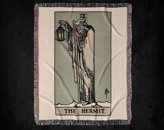 The Hermit IX Rider-Waite Tarot Deck Woven Throw Blanket: Gothic Wizard Tarot Card Tapestry Art And Decor, Sorcerer Woven Blanket