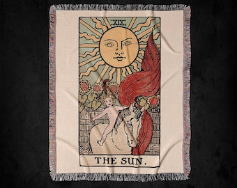 The Sun XIX Rider-Waite Tarot Deck Woven Throw Blanket: Vintage Gothic Tarot Card Tapestry Art And Decor, Witchy Woven Blanket