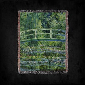 Claude Monet Water Lilies And Japanese Bridge Woven Throw Blanket: Water Lily Nature Garden and Home Decor, Fine Art Tapestry