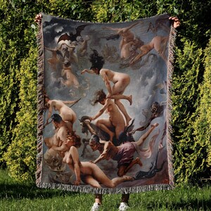 Witches Going To Their Sabbath Woven Throw Blanket: Occult Gothic Witch Decor Fairycore Goblincore Boho Fantasy Halloween Tapestry