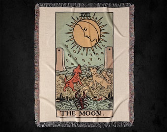 The Moon XVIII Rider-Waite Tarot Deck Woven Throw Blanket: Vintage Gothic Tarot Card Tapestry Art And Decor, Witchy Woven Blanket