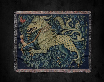 Medieval Fantastical Beast Woven Throw Blanket: Cotton Medieval Fantasy Art Tapestry