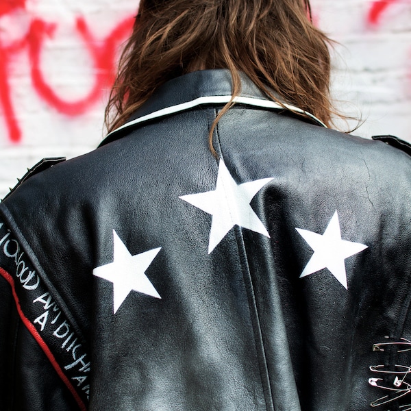 Original Rare Unique Custom / Handmade / British Punk Rock Leather Jacket / Hand Painted Leather Motorcycle Biker Jacket