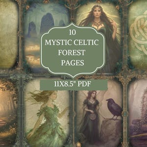 Puede incluir: Una colección de diez páginas digitales con un tema de bosque celta místico. Las páginas presentan ilustraciones de mujeres, bosques y nudos celtas. Se muestra el texto "10 Mystic Celtic Forest Pages" y "11x8.5" PDF".