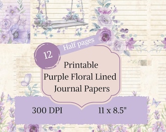 Purple Wildflower Junk Journal Pages: Lined Writing Paper (Digital Download)