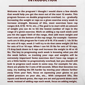 May include: A page from a workout program titled "Introduction". The text describes a 12-week program that focuses on double progressive overload, which involves gradually increasing the weight or reps of an exercise each week.