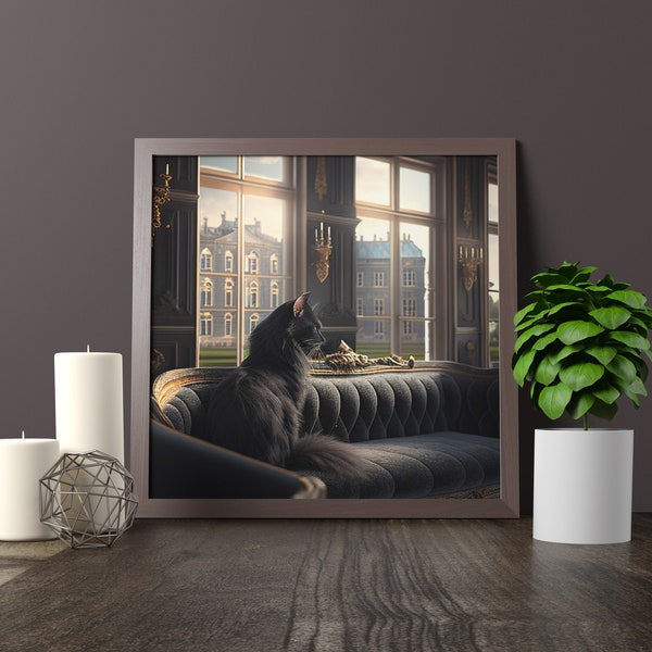 Die schwarze Katze auf Schloss Rosenborg Kopenhagen, Schwarze Katze Druck, Kunstdruck, Kunstdruck, Katzenliebhaber Geschenk, Schwarze Katze Portrait, Wandkunst
