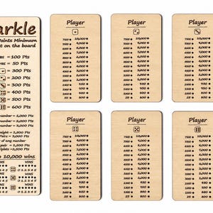 Zestaw kart wyników Farkle | Drewniane karty wyników dla 6 graczy | Grawerowany laserowo notes do gry w kości | Prezent dla rodziny | Ręcznie robiony