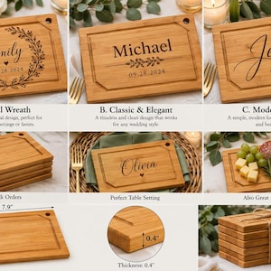 May include: A rectangular bamboo cutting board with a grooved border and a corner hole. The board features laser-engraved names and dates, including Emily, Michael, Jessica, and Olivia. It measures 7.9 inches by 5.5 inches with a 0.4 inch thickness.