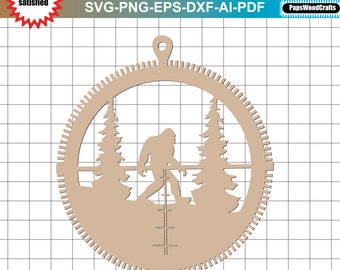 Adorno de cazadores de Bigfoot - Svg dxf Laser Glow forge Vector Woods Wild Sasquatch Mountains, archivo de corte Svg Archivo láser de Bigfoot Diseño de Bigfoot
