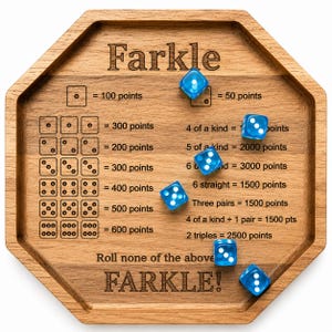 Personligt familjespel med Farkle-bräde | Anpassat träspel med Farkle-tärningar | Present till familjespelkvällen | Inkluderar 6 tärningar och en sammetspåse