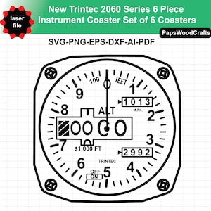 Puede incluir: Dise&ntilde;o en blanco y negro de un panel de instrumentos, parte de un juego de posavasos. El dise&ntilde;o incluye n&uacute;meros, indicadores y el texto "New Trintec 2060 Series 6 Piece Instrument Coaster Set of 6 Coasters". El dise&ntilde;o tambi&eacute;n incluye el texto "SVG-PNG-EPS-DXF-AI-PDF".