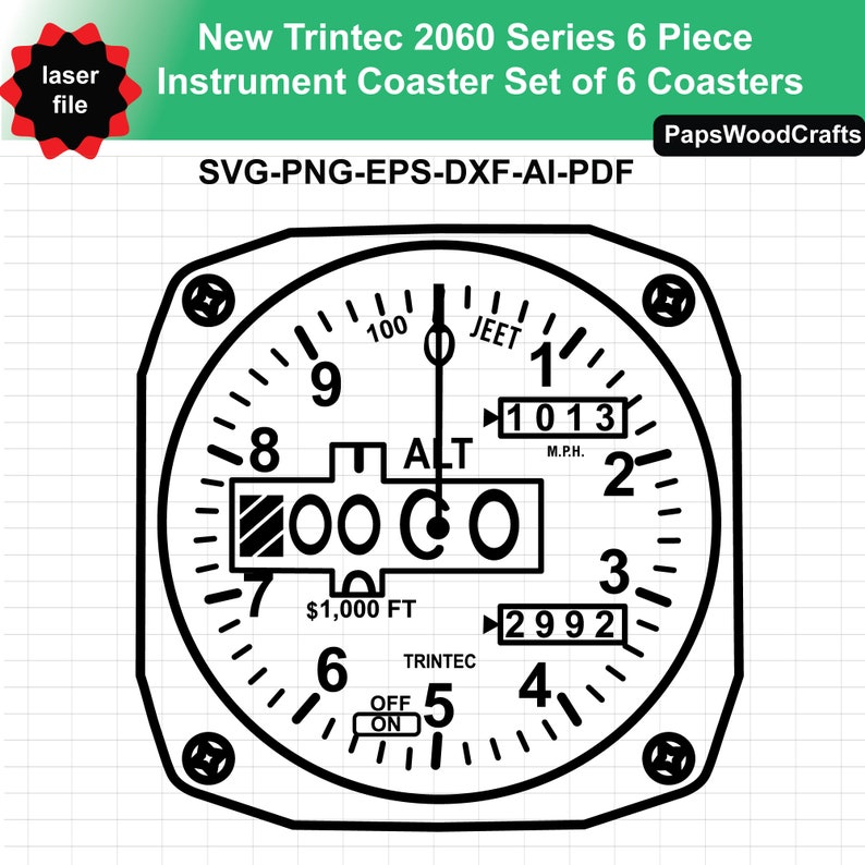 Puede incluir: Dise&ntilde;o en blanco y negro de un panel de instrumentos, parte de un juego de posavasos. El dise&ntilde;o incluye n&uacute;meros, indicadores y el texto "New Trintec 2060 Series 6 Piece Instrument Coaster Set of 6 Coasters". El dise&ntilde;o tambi&eacute;n incluye el texto "SVG-PNG-EPS-DXF-AI-PDF".