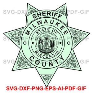 May include: A black and white star-shaped badge with the text "Sheriff Milwaukee County State of Wisconsin" and the state seal of Wisconsin.