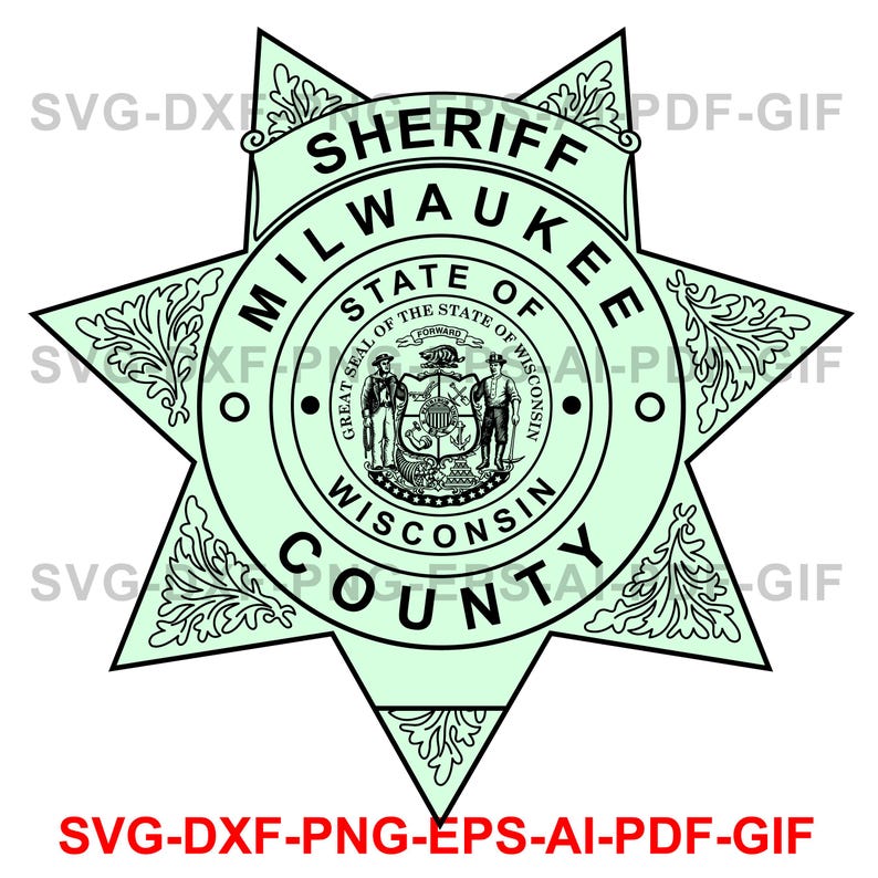 May include: A black and white star-shaped badge with the text "Sheriff Milwaukee County State of Wisconsin" and the state seal of Wisconsin.