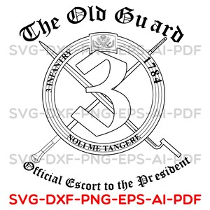 Può includere: Grafica in bianco e nero di un emblema militare con il testo "The Old Guard" in alto. L'emblema include un grande numero "3", spade incrociate e il testo "Official Escort to the President".