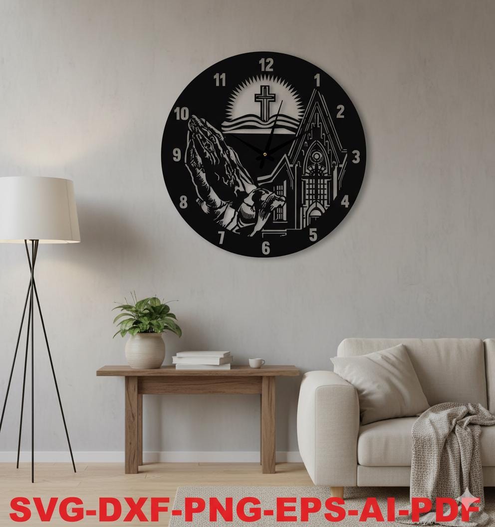 Praying Hands & Church Clock Design Digital File - Religious Wall Art ...
