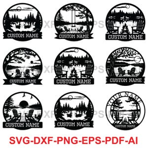 May include: Black metal lake scene designs with trees, chairs, and a campfire. Each design is circular with a banner that says "CUSTOM NAME" or "YOUR NAME". The designs are for SVG, DXF, PNG, EPS, and PDF files.