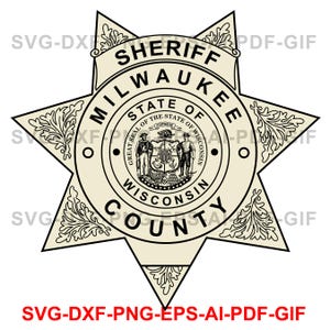May include: Black and white illustration of a sheriff's star badge with the text "Sheriff Milwaukee County State of Wisconsin" around the perimeter.