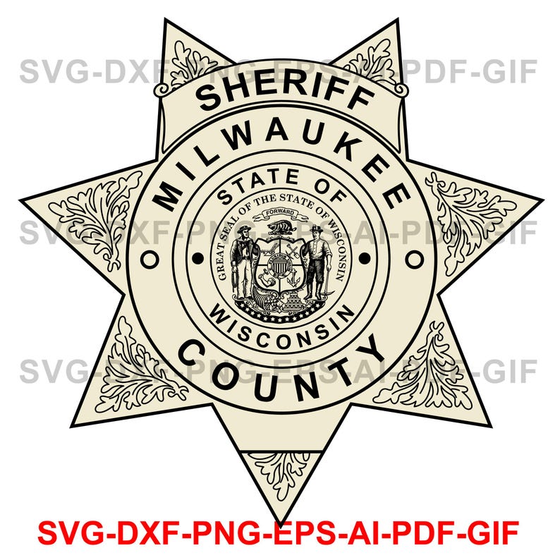 May include: Black and white illustration of a sheriff's star badge with the text "Sheriff Milwaukee County State of Wisconsin" around the perimeter.