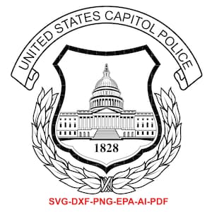 Puede incluir: Gráfico en blanco y negro del emblema de la Policía del Capitolio de los Estados Unidos. El emblema presenta el edificio del Capitolio, el año 1828 y el texto "UNITED STATES CAPITOL POLICE". El diseño está rodeado por una corona de laurel.