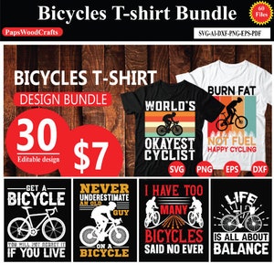 30 Editable Bicycle T-Shirt Designs Bundle | Bike Vector Images,Cycling Tshirt Design,Cycle Quotes,Motivational Bundle Vectors