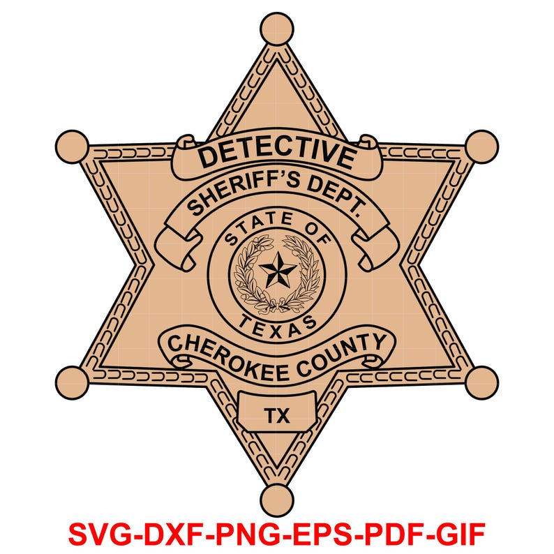 Puede incluir: Una estrella de seis puntas de color beige con contornos negros. La estrella tiene las palabras "DETECTIVE SHERIFF'S DEPT." en una pancarta en la parte superior. Dentro de la estrella hay un c&iacute;rculo m&aacute;s peque&ntilde;o con las palabras "STATE OF TEXAS" y una estrella de cinco puntas con una corona alrededor. Debajo del c&iacute;rculo hay una pancarta con las palabras "CHEROKEE COUNTY TX".