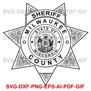 May include: Black and white illustration of a sheriff's badge with a six-pointed star shape. The badge features the text "Sheriff Milwaukee County" and the state seal of Wisconsin.