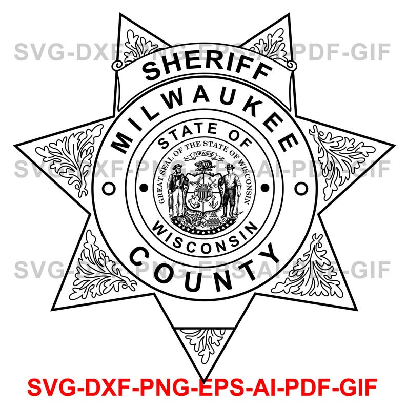 May include: Black and white illustration of a sheriff's badge with a six-pointed star shape. The badge features the text "Sheriff Milwaukee County" and the state seal of Wisconsin.