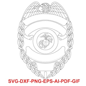 以下が含まれることがあります： 中央にワシ、地球儀、錨が描かれた、アメリカ海兵隊のバッジの白黒のアウトライン。バッジは葉の輪で囲まれています。