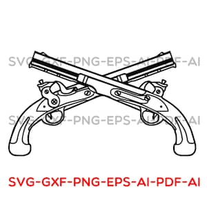 Puede incluir: Ilustración en blanco y negro de dos pistolas antiguas cruzadas. Las pistolas están detalladas con gatillos, martillos y empuñaduras. El texto "SVG-GXF-PNG-EPS-AI-PDF-AI" se muestra en rojo en la parte inferior de la imagen.