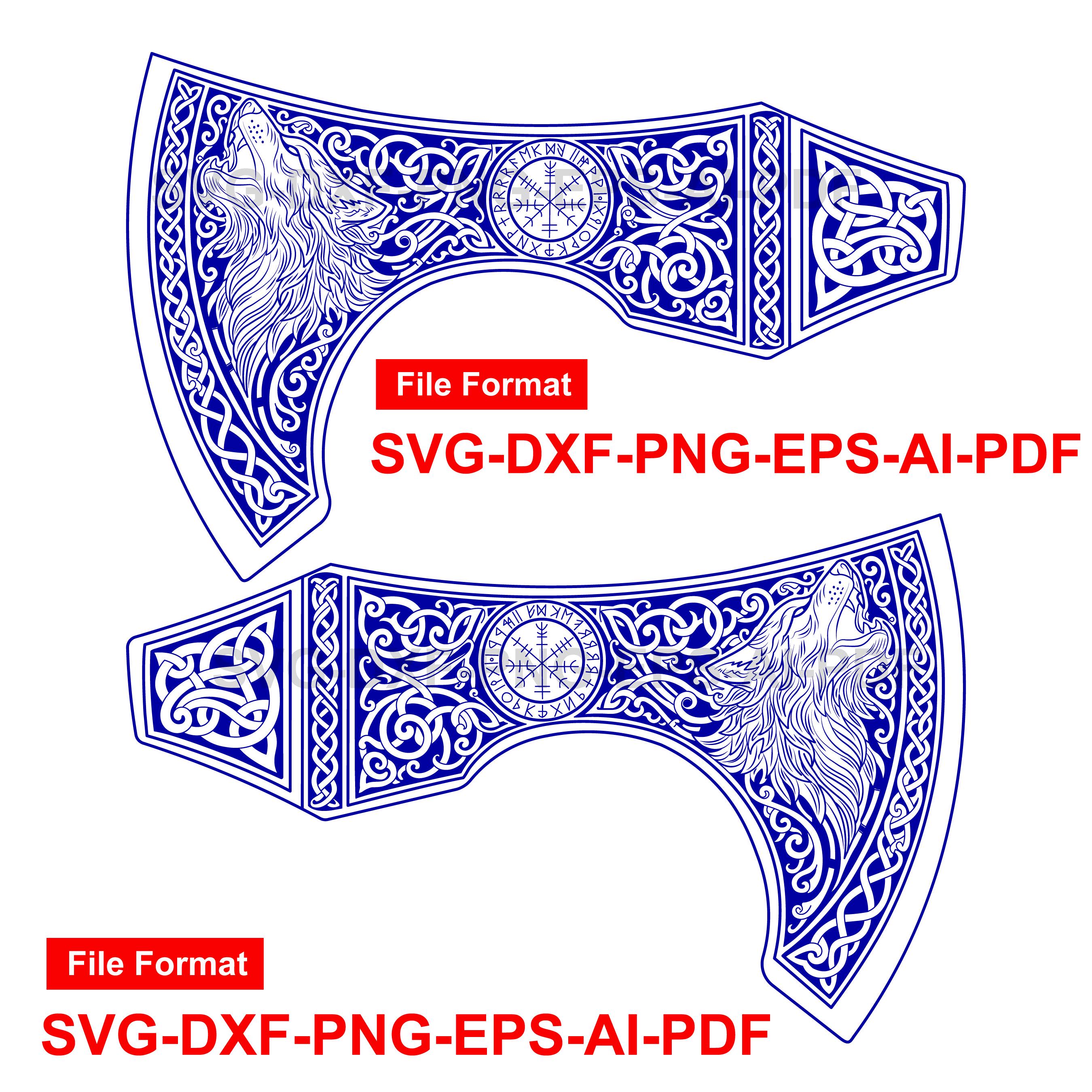 Viking Wolf Axe Head Engraving Design - Celtic Knotwork & Vegvisir