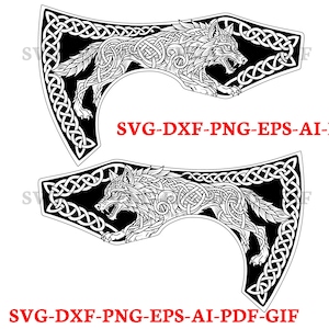 Puede incluir: Ilustración en blanco y negro de dos cabezas de hacha con un diseño de lobo. El lobo está detallado con intrincados nudos celtas. El texto "SVG-DXF-PNG-EPS-AI-" y "SVG-DXF-PNG-EPS-AI-PDF-GIF" es rojo. Ideal para arte digital.