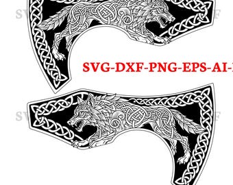 Viking Wolf Axe gravure bestand Celtic Fenrir Knotwork Design Vector voor laseretsen, CNC en metaalbewerking baardbijl Temp